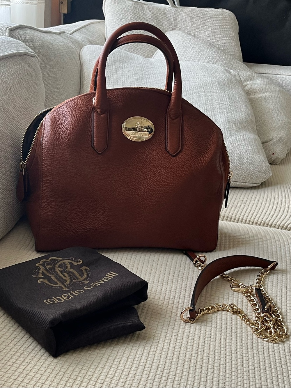 Roberto Cavalli Chestnut Brown Leather Satchel with Gold Hardware